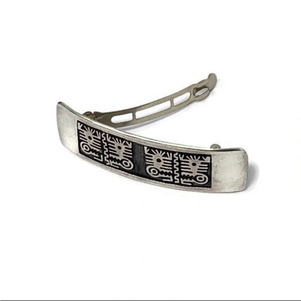 Vintage Mexico Heavy Sterling 925 Aztec Mayan Stamped Large Barrette:  35.8g